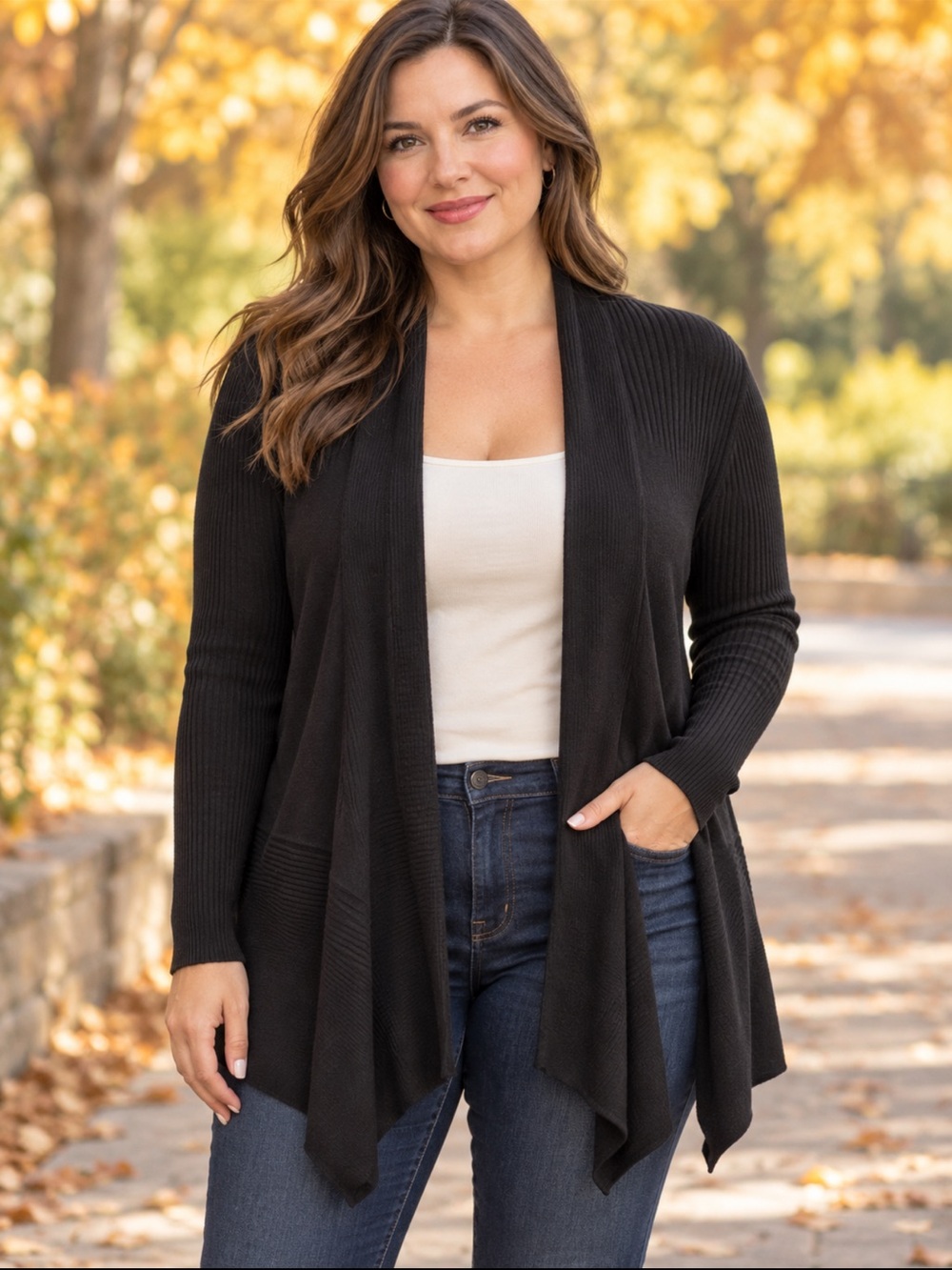 89th & Madison Black Open-Front Ribbed Womens Cardigan